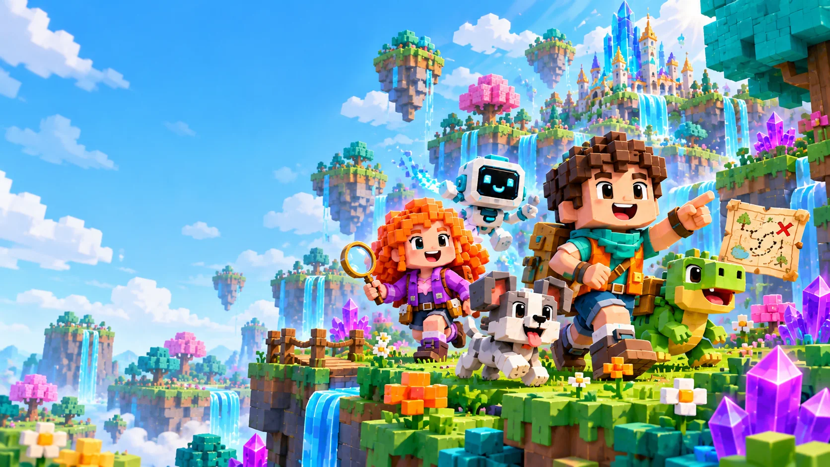 Voxel explorers and their animal friends in a colorful floating-island world